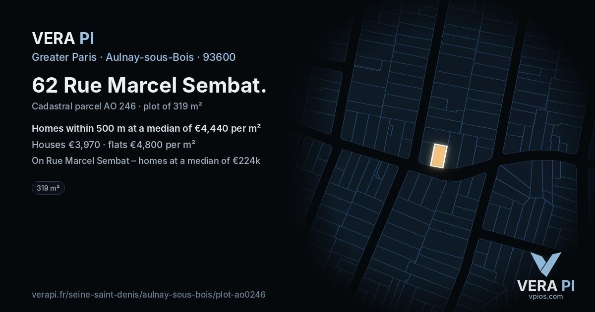62 Rue Marcel Sembat, Aulnay-sous-Bois at night – the plot lit, the parcels around coloured by the prices near them