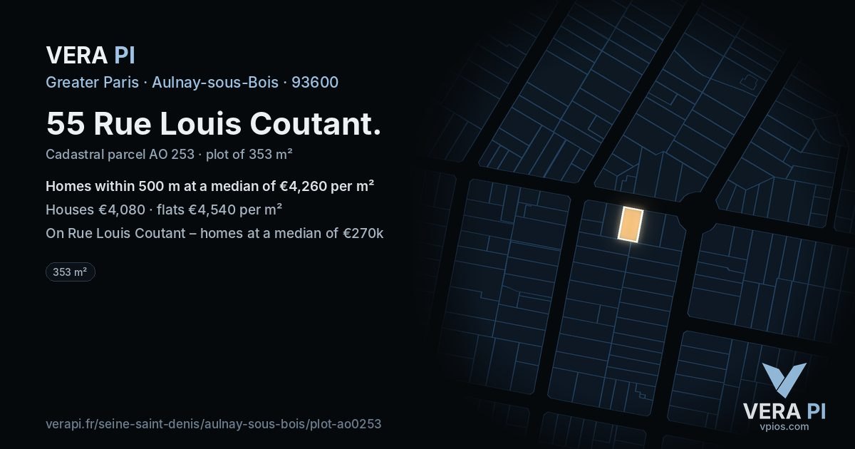55 Rue Louis Coutant, Aulnay-sous-Bois at night – the plot lit, the parcels around coloured by the prices near them