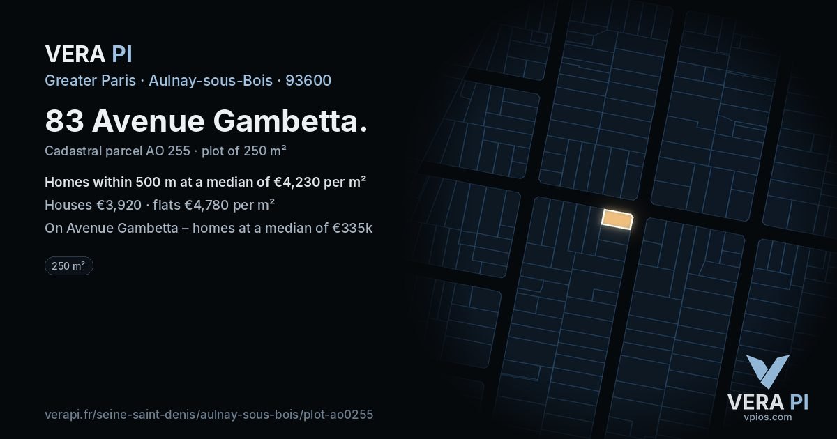 83 Avenue Gambetta, Aulnay-sous-Bois at night – the plot lit, the parcels around coloured by the prices near them