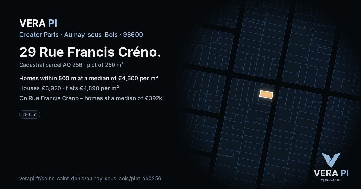 29 Rue Francis Créno, Aulnay-sous-Bois at night – the plot lit, the parcels around coloured by the prices near them