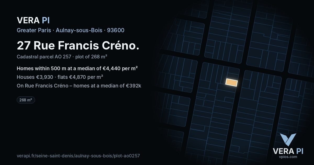 27 Rue Francis Créno, Aulnay-sous-Bois at night – the plot lit, the parcels around coloured by the prices near them