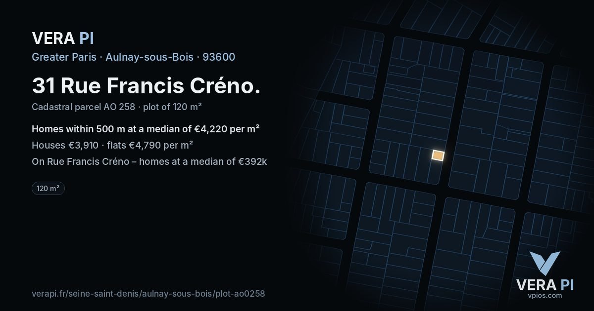 31 Rue Francis Créno, Aulnay-sous-Bois at night – the plot lit, the parcels around coloured by the prices near them