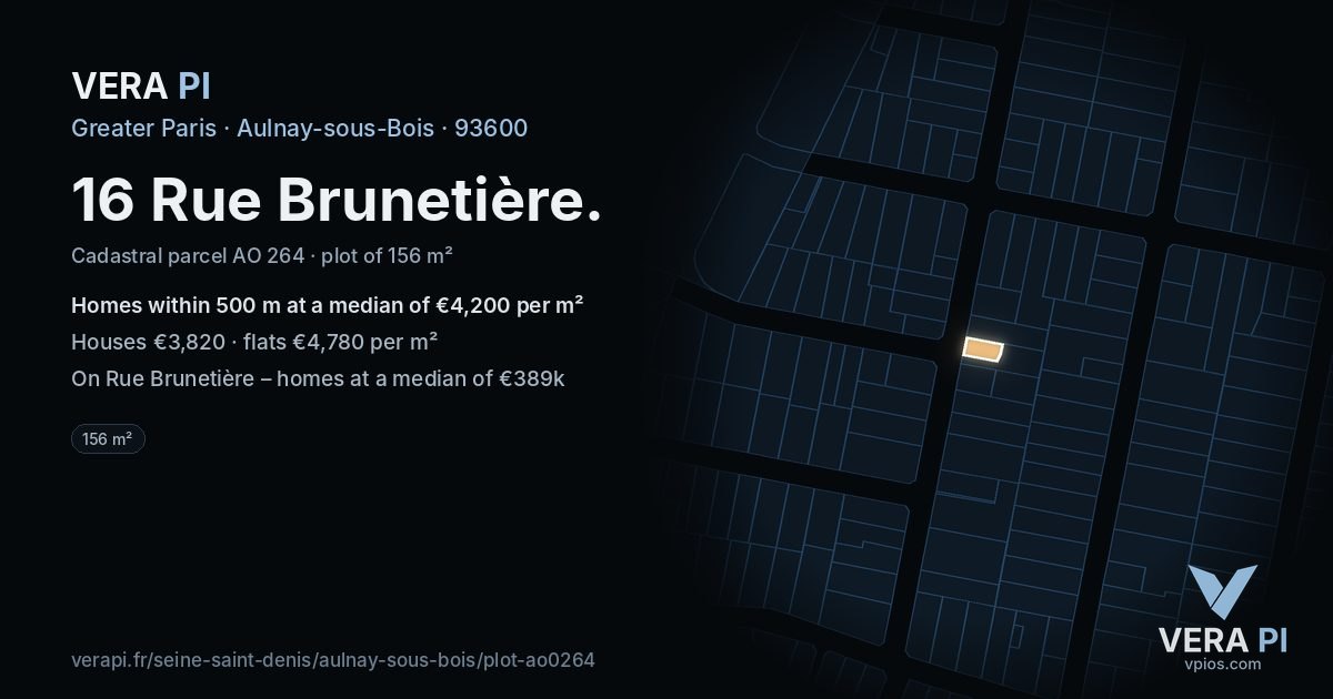 16 Rue Brunetière, Aulnay-sous-Bois at night – the plot lit, the parcels around coloured by the prices near them