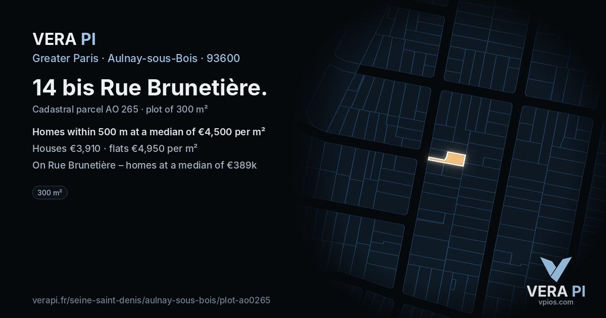 14 bis Rue Brunetière, Aulnay-sous-Bois at night – the plot lit, the parcels around coloured by the prices near them