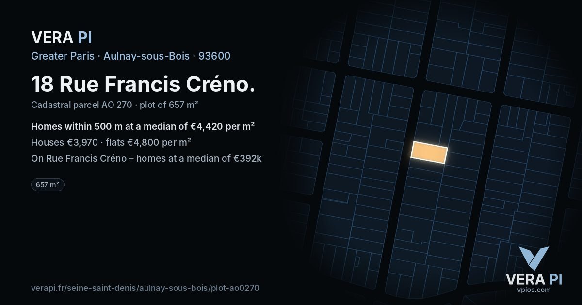 18 Rue Francis Créno, Aulnay-sous-Bois at night – the plot lit, the parcels around coloured by the prices near them