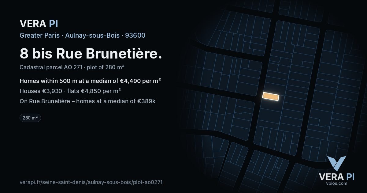 8 bis Rue Brunetière, Aulnay-sous-Bois at night – the plot lit, the parcels around coloured by the prices near them