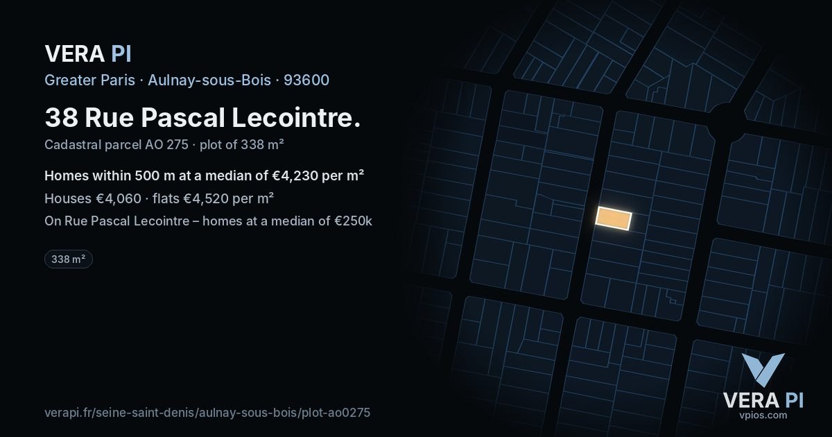 38 Rue Pascal Lecointre, Aulnay-sous-Bois at night – the plot lit, the parcels around coloured by the prices near them