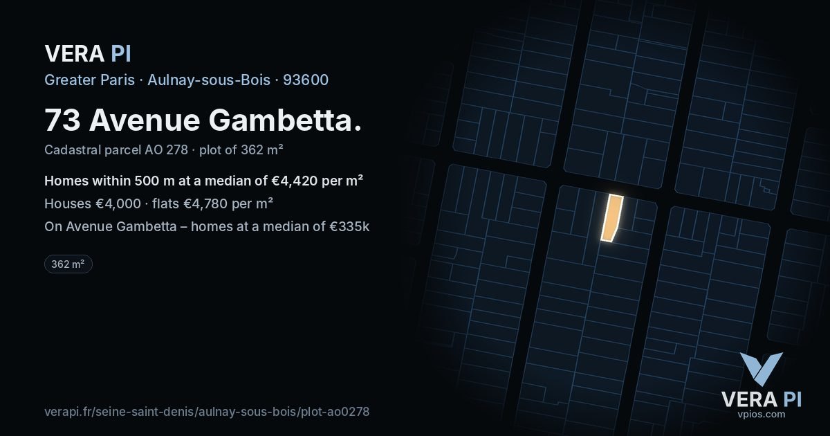 73 Avenue Gambetta, Aulnay-sous-Bois at night – the plot lit, the parcels around coloured by the prices near them