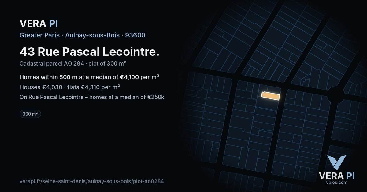 43 Rue Pascal Lecointre, Aulnay-sous-Bois at night – the plot lit, the parcels around coloured by the prices near them