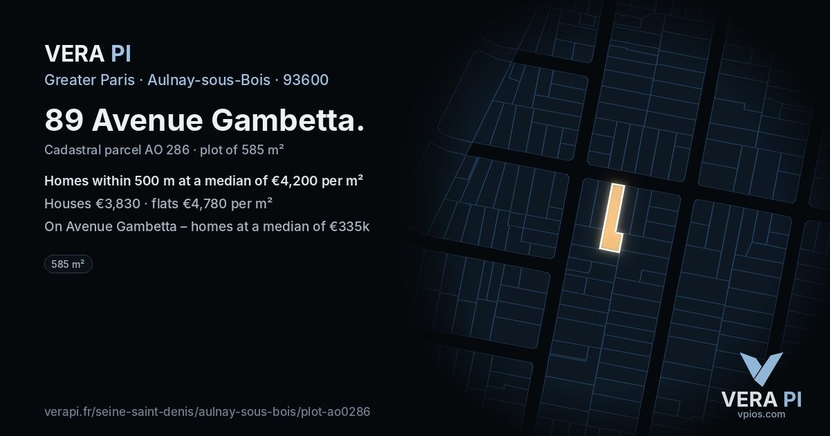 89 Avenue Gambetta, Aulnay-sous-Bois at night – the plot lit, the parcels around coloured by the prices near them