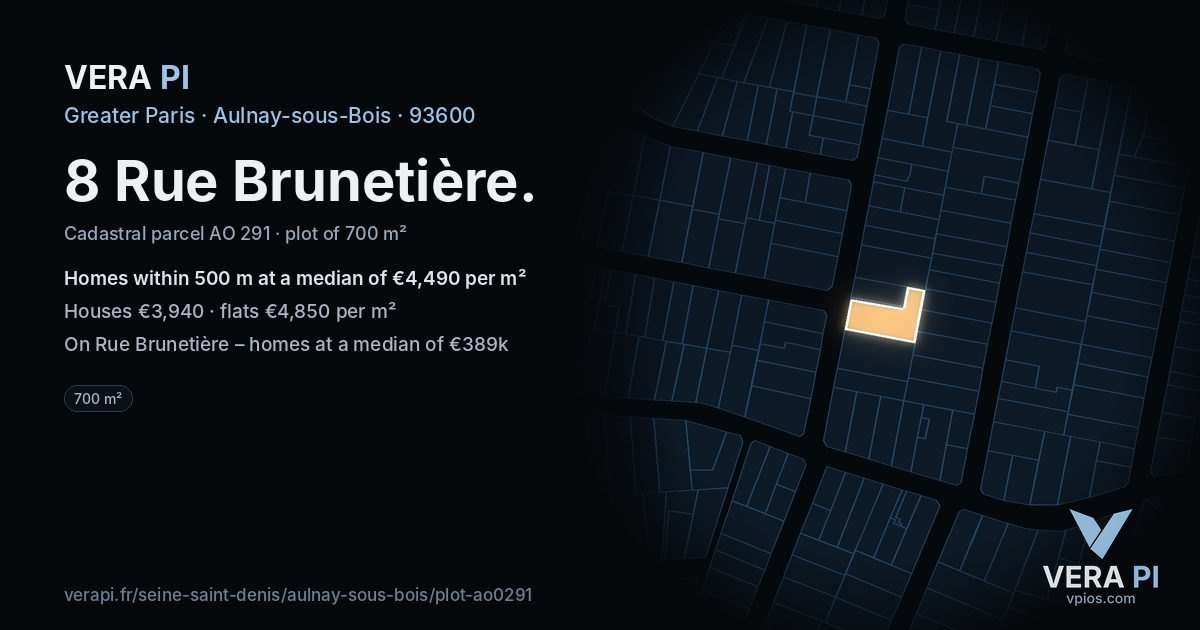 8 Rue Brunetière, Aulnay-sous-Bois at night – the plot lit, the parcels around coloured by the prices near them