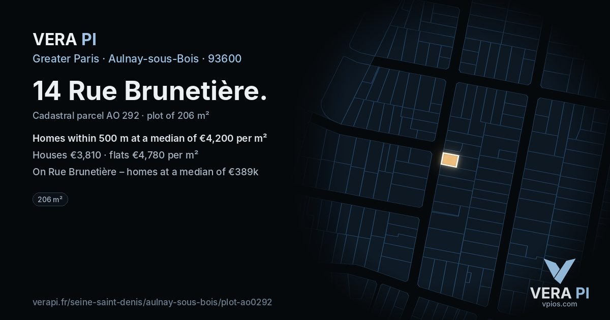 14 Rue Brunetière, Aulnay-sous-Bois at night – the plot lit, the parcels around coloured by the prices near them