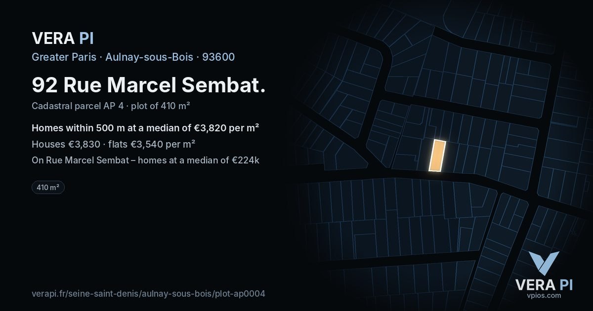 92 Rue Marcel Sembat, Aulnay-sous-Bois at night – the plot lit, the parcels around coloured by the prices near them
