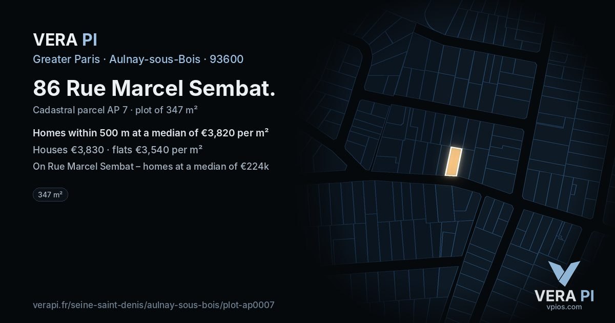 86 Rue Marcel Sembat, Aulnay-sous-Bois at night – the plot lit, the parcels around coloured by the prices near them