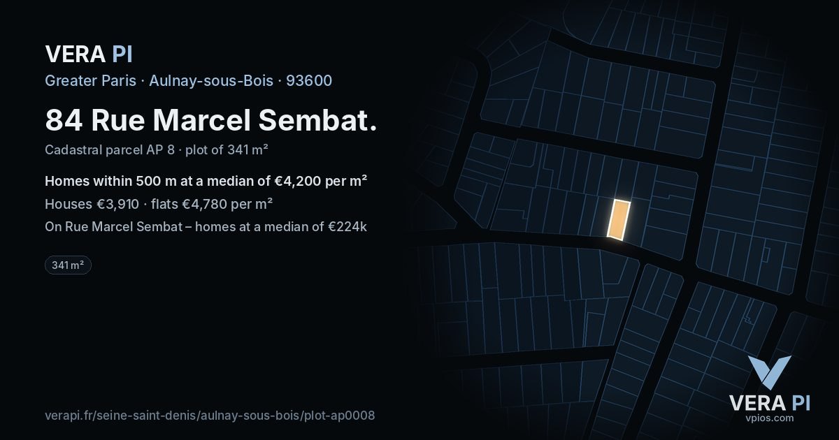 84 Rue Marcel Sembat, Aulnay-sous-Bois at night – the plot lit, the parcels around coloured by the prices near them