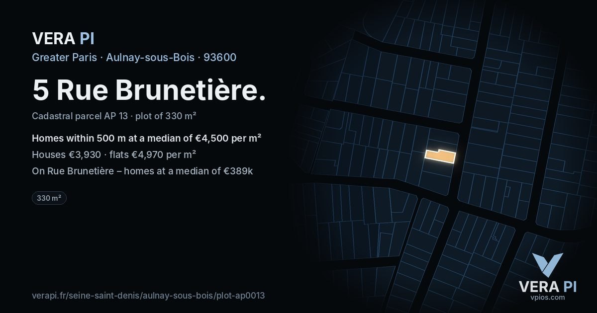 5 Rue Brunetière, Aulnay-sous-Bois at night – the plot lit, the parcels around coloured by the prices near them