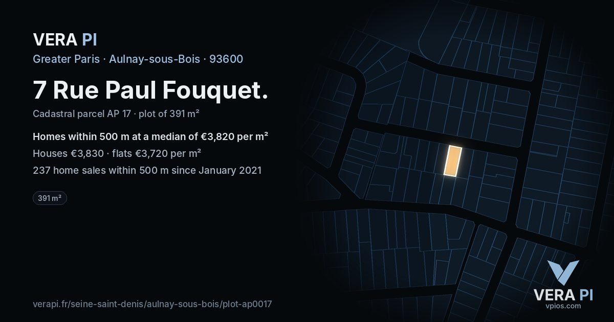 7 Rue Paul Fouquet, Aulnay-sous-Bois at night – the plot lit, the parcels around coloured by the prices near them
