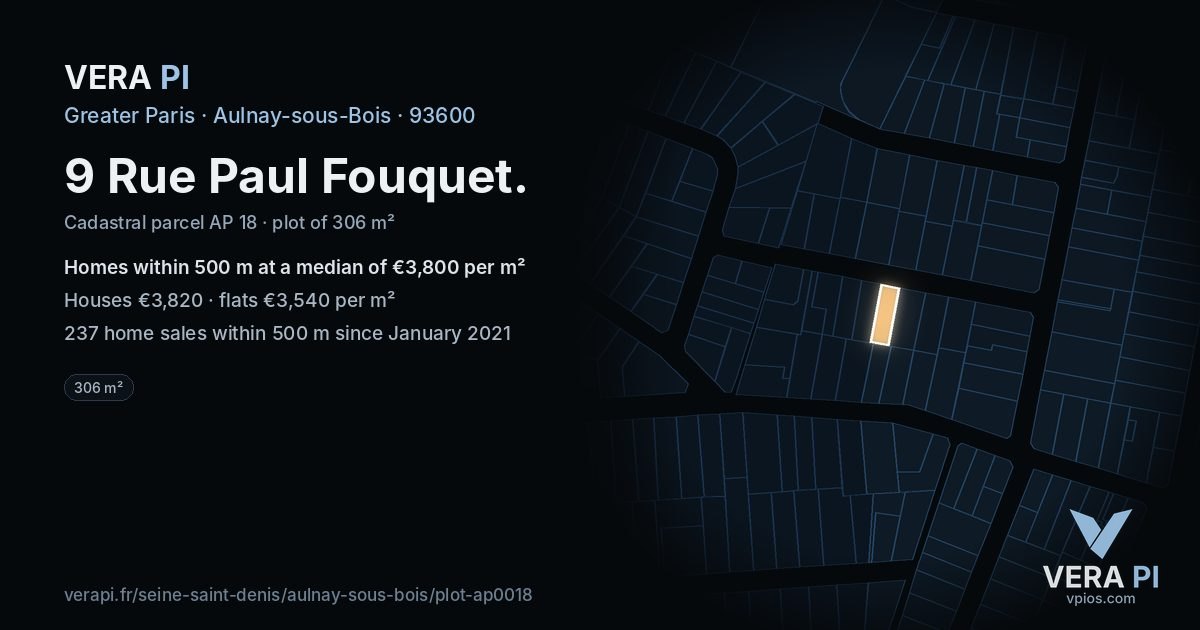 9 Rue Paul Fouquet, Aulnay-sous-Bois at night – the plot lit, the parcels around coloured by the prices near them