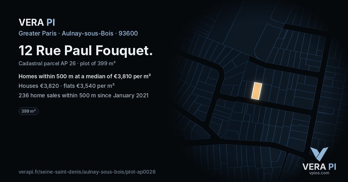 12 Rue Paul Fouquet, Aulnay-sous-Bois at night – the plot lit, the parcels around coloured by the prices near them