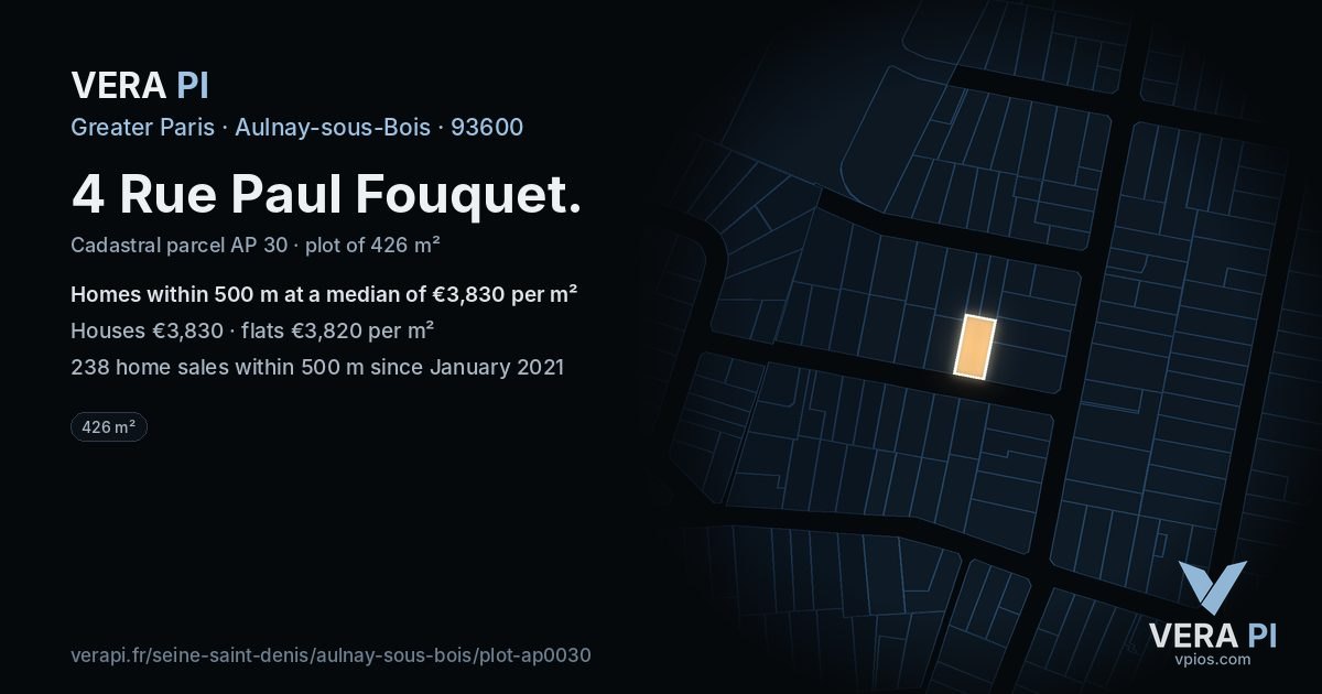 4 Rue Paul Fouquet, Aulnay-sous-Bois at night – the plot lit, the parcels around coloured by the prices near them