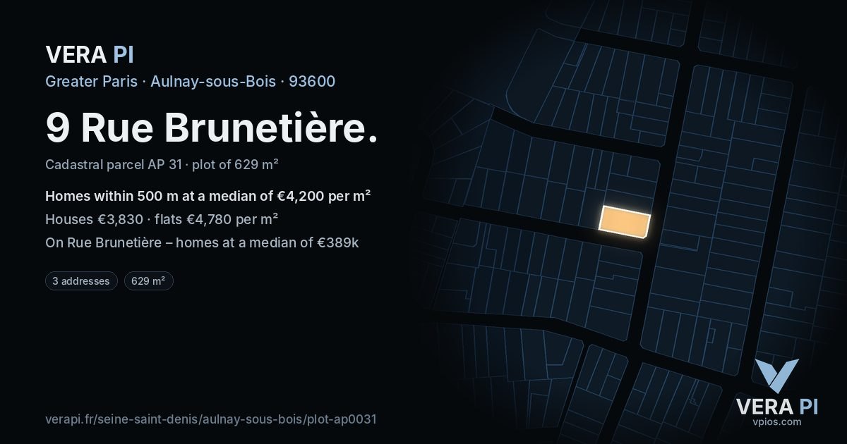 9 Rue Brunetière, Aulnay-sous-Bois at night – the plot lit, the parcels around coloured by the prices near them