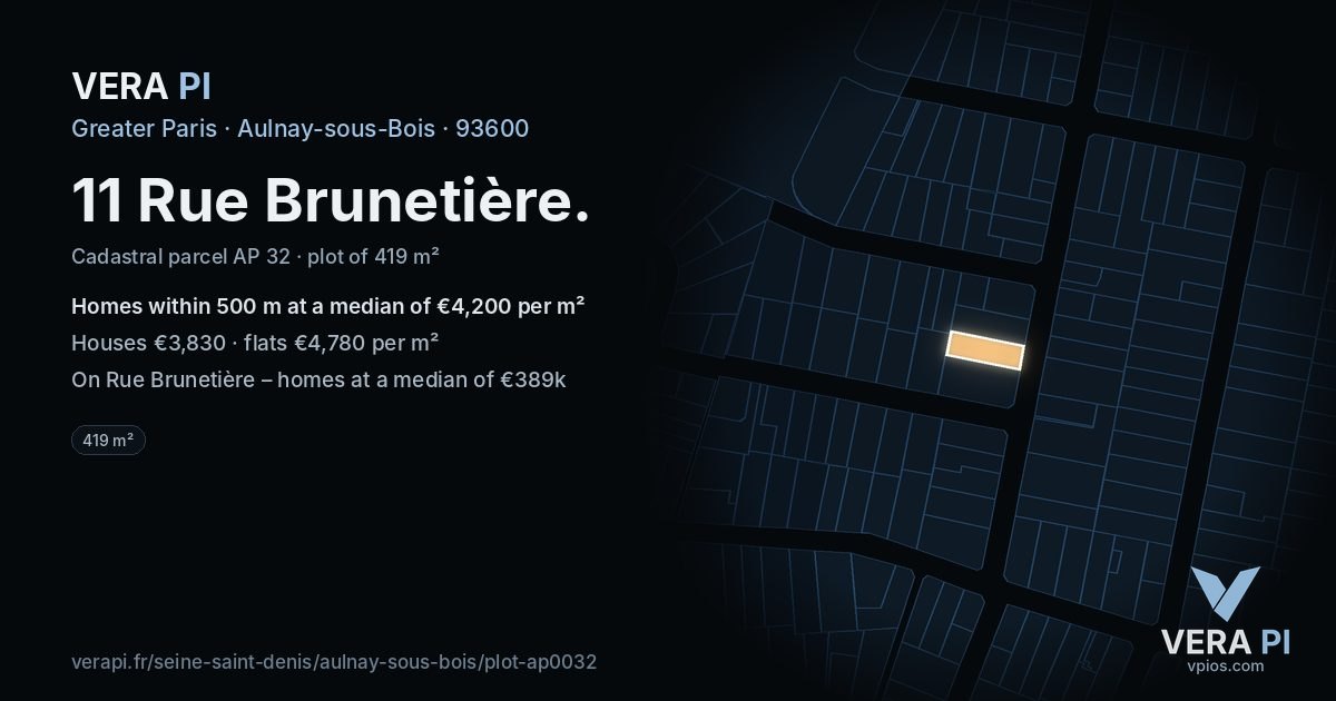 11 Rue Brunetière, Aulnay-sous-Bois at night – the plot lit, the parcels around coloured by the prices near them