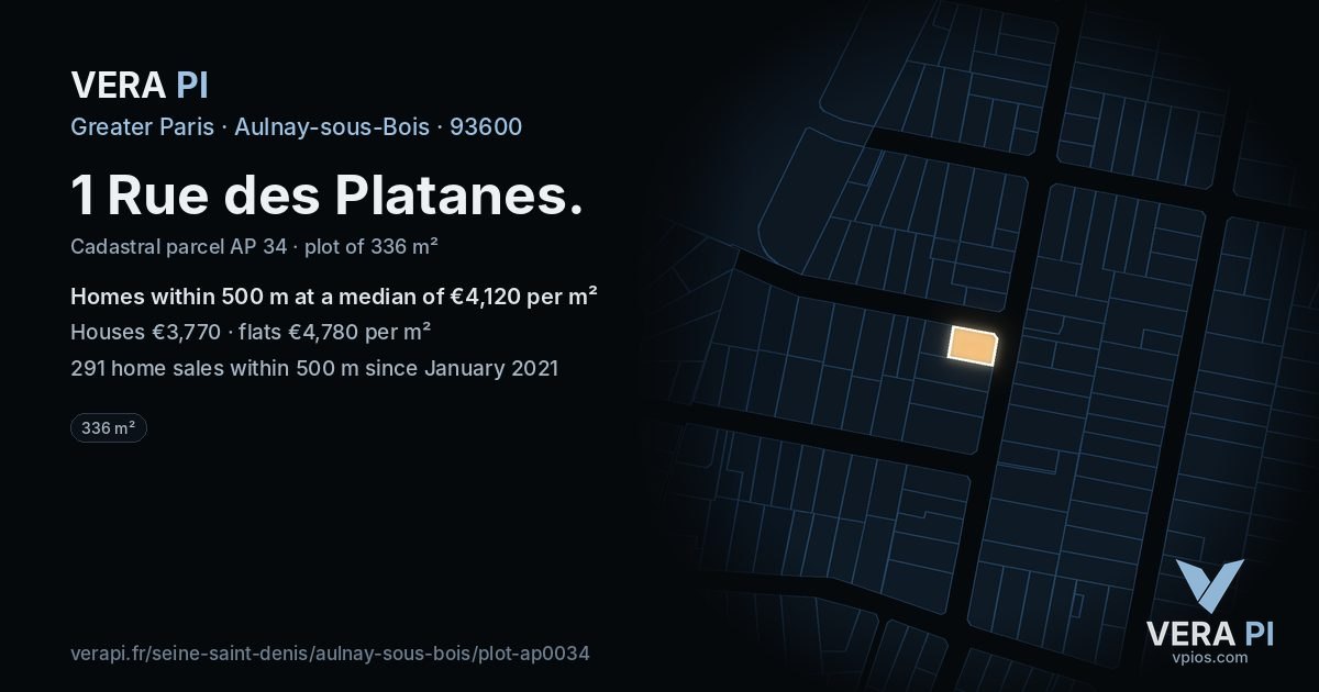 1 Rue des Platanes, Aulnay-sous-Bois at night – the plot lit, the parcels around coloured by the prices near them