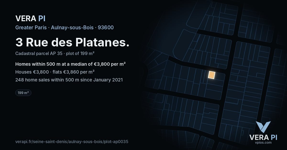 3 Rue des Platanes, Aulnay-sous-Bois at night – the plot lit, the parcels around coloured by the prices near them