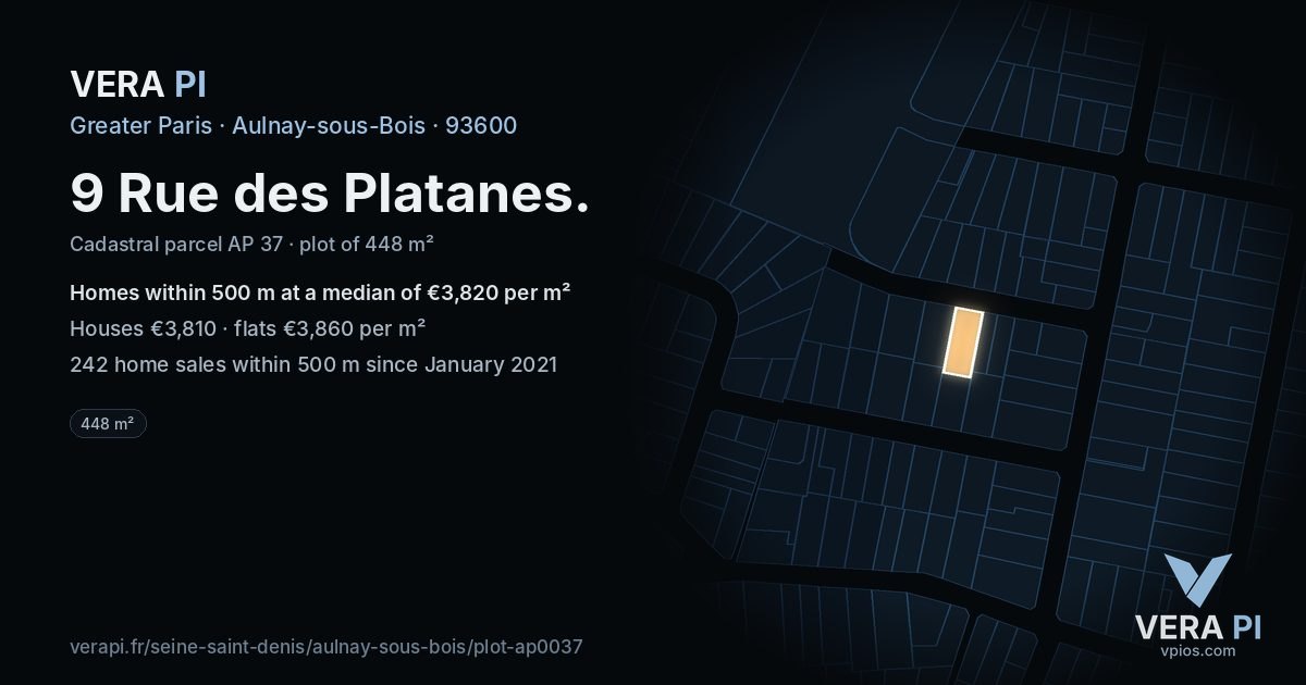 9 Rue des Platanes, Aulnay-sous-Bois at night – the plot lit, the parcels around coloured by the prices near them