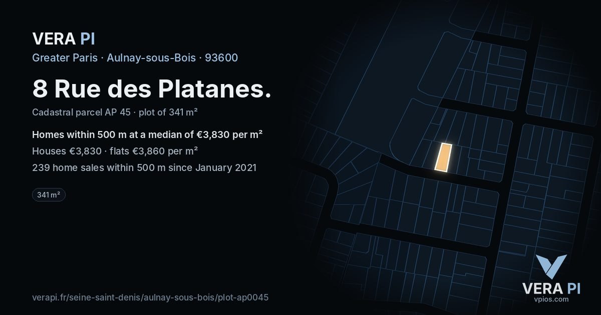 8 Rue des Platanes, Aulnay-sous-Bois at night – the plot lit, the parcels around coloured by the prices near them