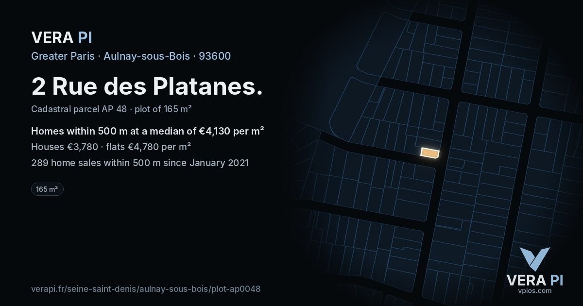 2 Rue des Platanes, Aulnay-sous-Bois at night – the plot lit, the parcels around coloured by the prices near them