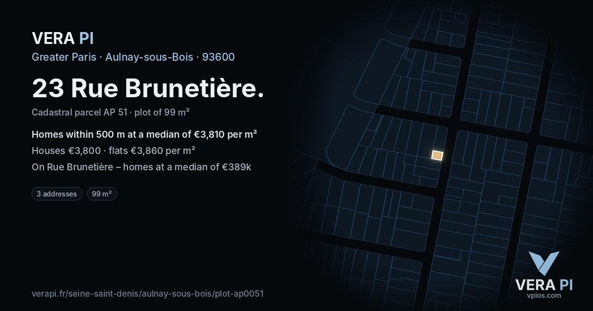 23 Rue Brunetière, Aulnay-sous-Bois at night – the plot lit, the parcels around coloured by the prices near them