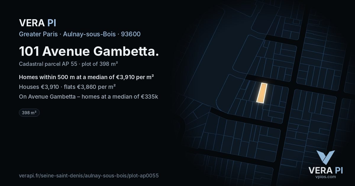 101 Avenue Gambetta, Aulnay-sous-Bois at night – the plot lit, the parcels around coloured by the prices near them