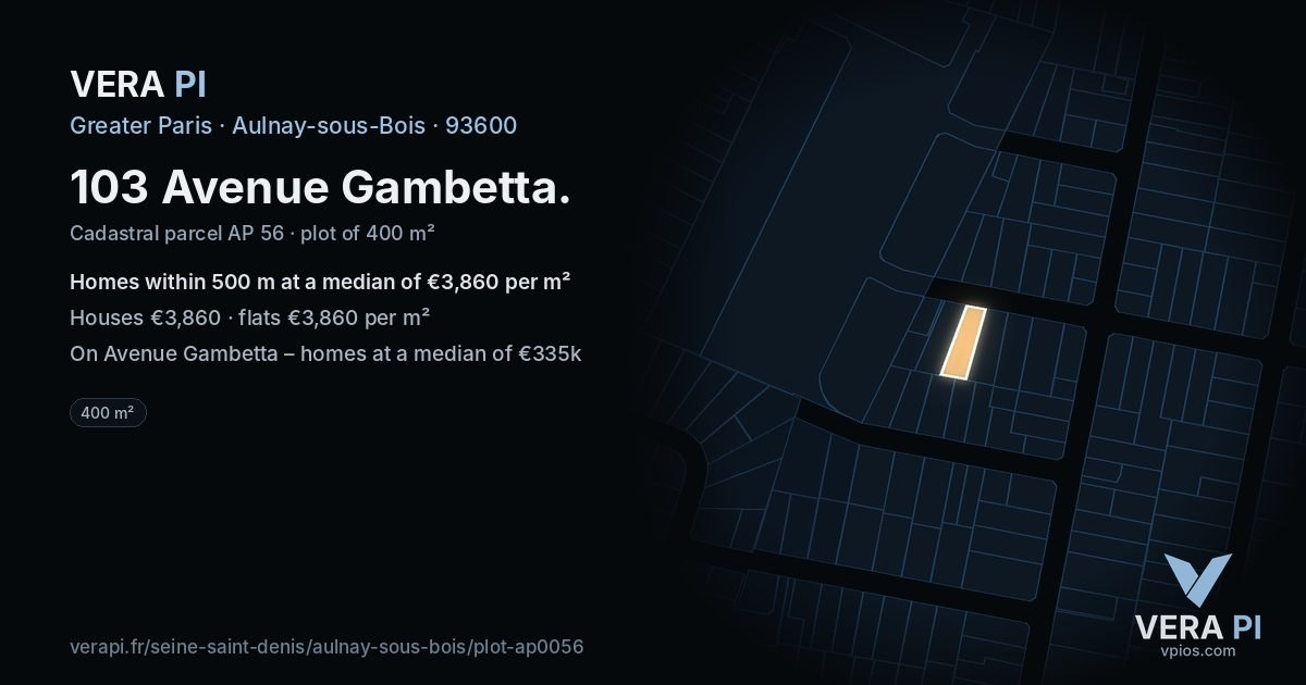 103 Avenue Gambetta, Aulnay-sous-Bois at night – the plot lit, the parcels around coloured by the prices near them