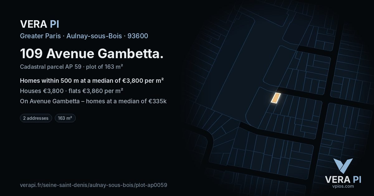 109 Avenue Gambetta, Aulnay-sous-Bois at night – the plot lit, the parcels around coloured by the prices near them