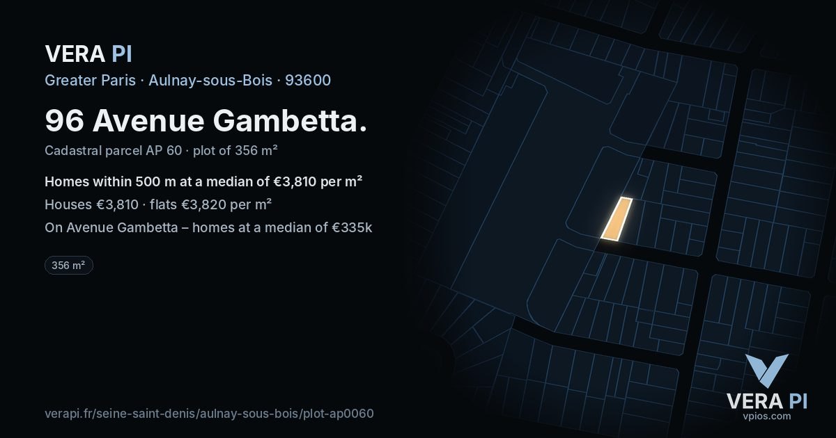 96 Avenue Gambetta, Aulnay-sous-Bois at night – the plot lit, the parcels around coloured by the prices near them