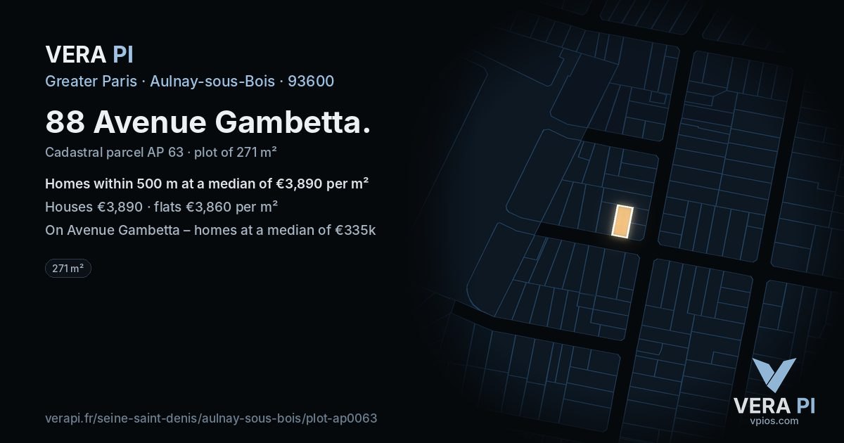 88 Avenue Gambetta, Aulnay-sous-Bois at night – the plot lit, the parcels around coloured by the prices near them