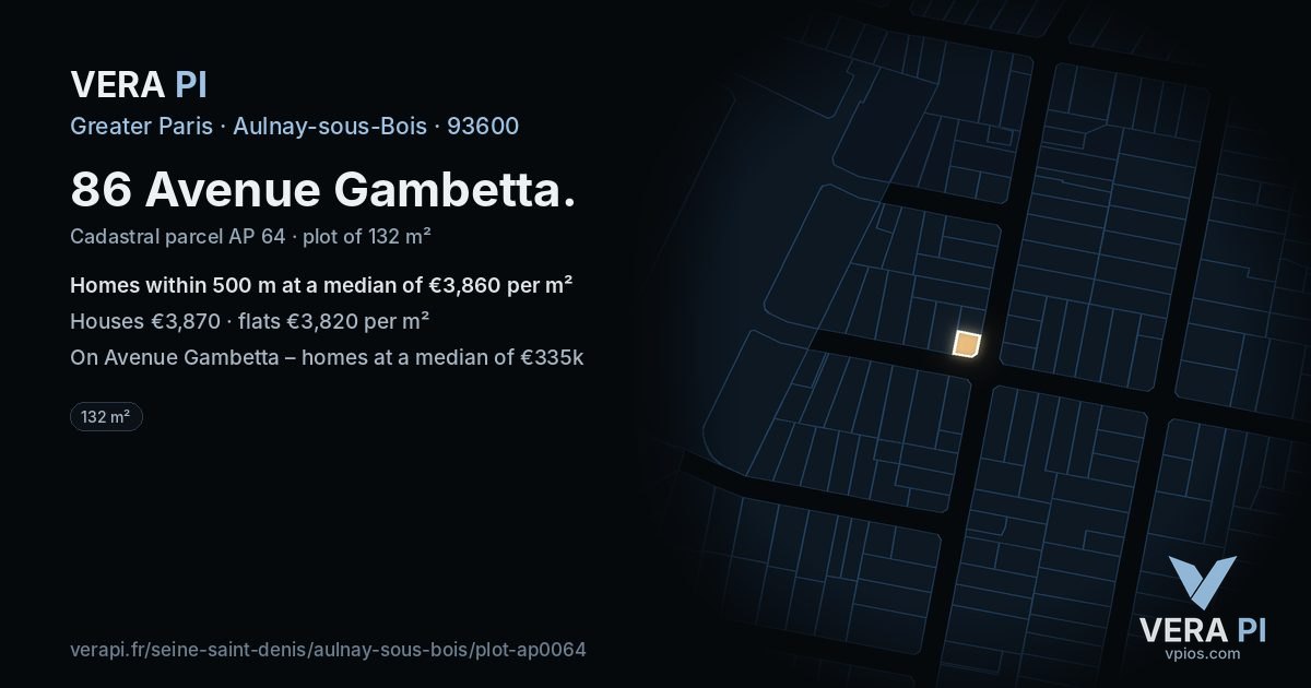 86 Avenue Gambetta, Aulnay-sous-Bois at night – the plot lit, the parcels around coloured by the prices near them