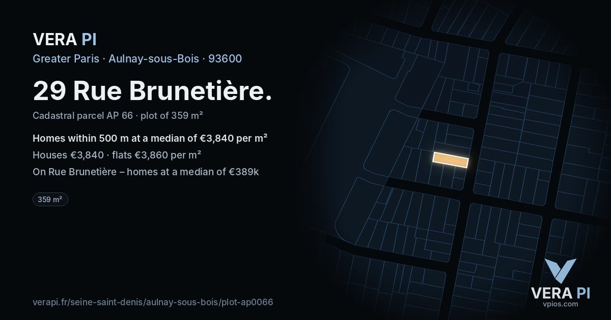 29 Rue Brunetière, Aulnay-sous-Bois at night – the plot lit, the parcels around coloured by the prices near them