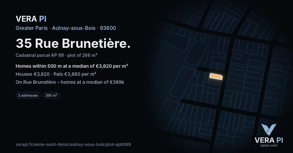 35 Rue Brunetière, Aulnay-sous-Bois at night – the plot lit, the parcels around coloured by the prices near them