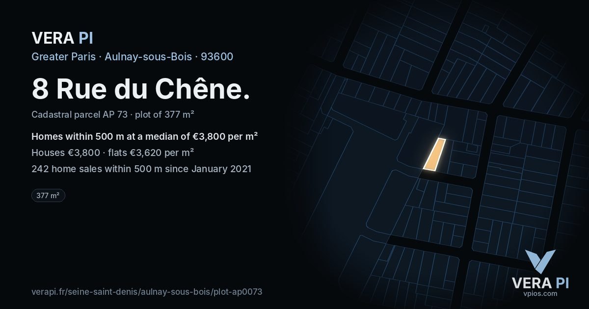 8 Rue du Chêne, Aulnay-sous-Bois at night – the plot lit, the parcels around coloured by the prices near them