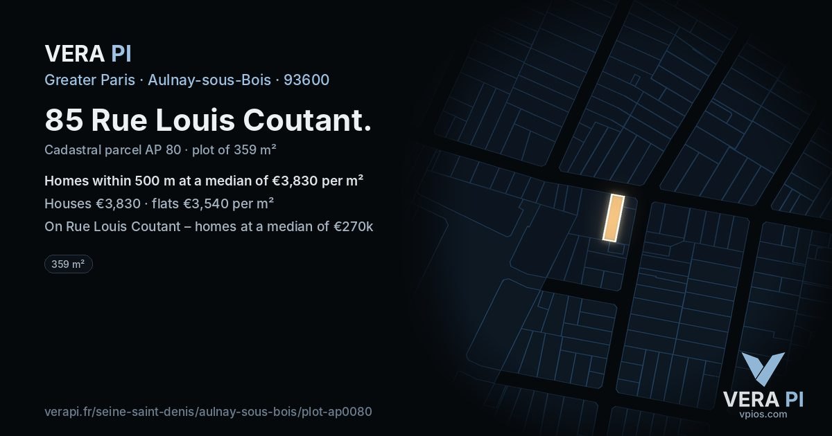 85 Rue Louis Coutant, Aulnay-sous-Bois at night – the plot lit, the parcels around coloured by the prices near them