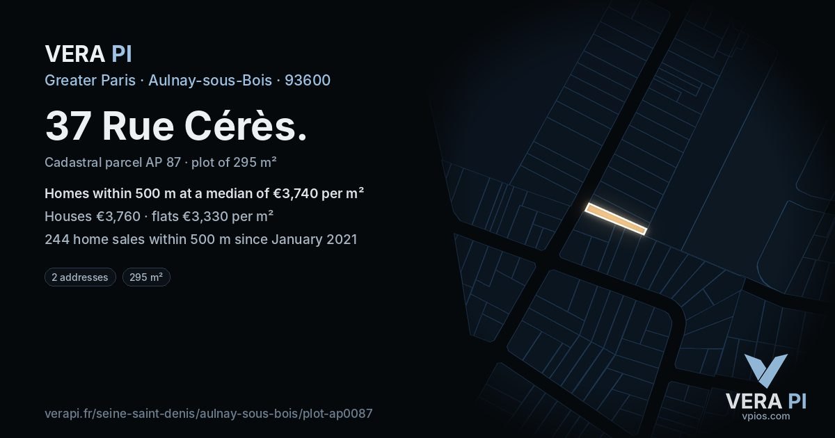 37 Rue Cérès, Aulnay-sous-Bois at night – the plot lit, the parcels around coloured by the prices near them