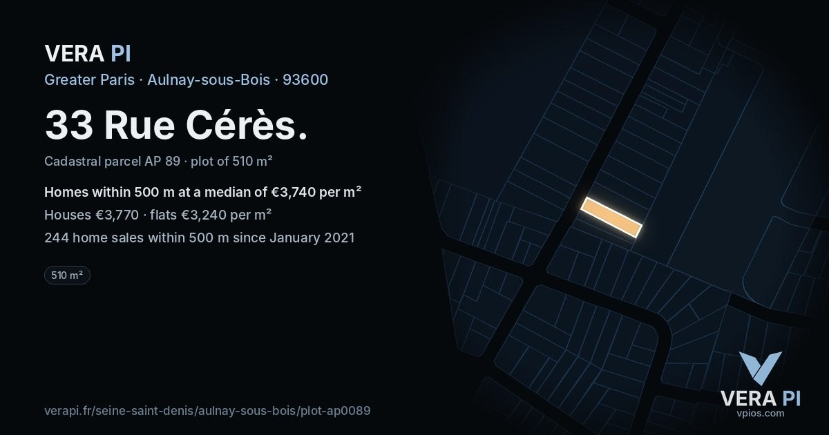 33 Rue Cérès, Aulnay-sous-Bois at night – the plot lit, the parcels around coloured by the prices near them