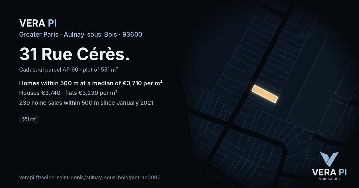31 Rue Cérès, Aulnay-sous-Bois at night – the plot lit, the parcels around coloured by the prices near them