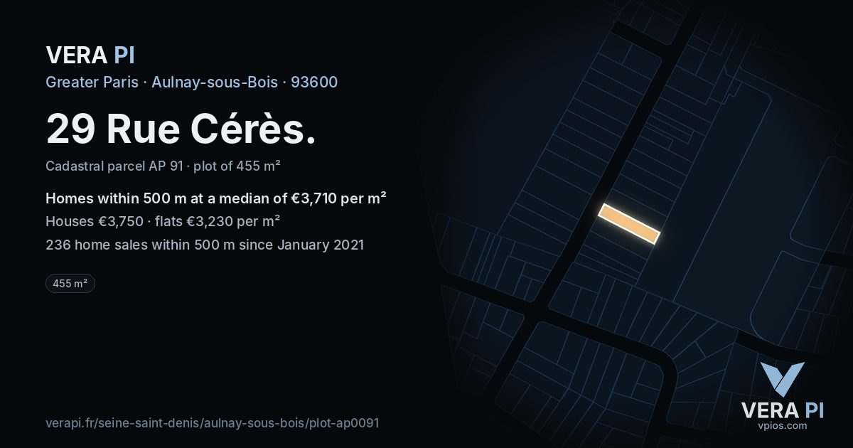 29 Rue Cérès, Aulnay-sous-Bois at night – the plot lit, the parcels around coloured by the prices near them