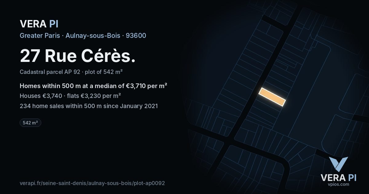 27 Rue Cérès, Aulnay-sous-Bois at night – the plot lit, the parcels around coloured by the prices near them