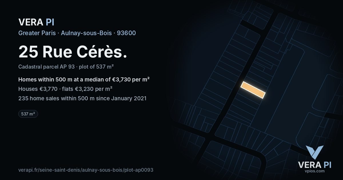 25 Rue Cérès, Aulnay-sous-Bois at night – the plot lit, the parcels around coloured by the prices near them