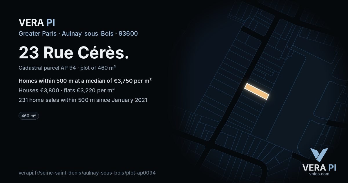 23 Rue Cérès, Aulnay-sous-Bois at night – the plot lit, the parcels around coloured by the prices near them