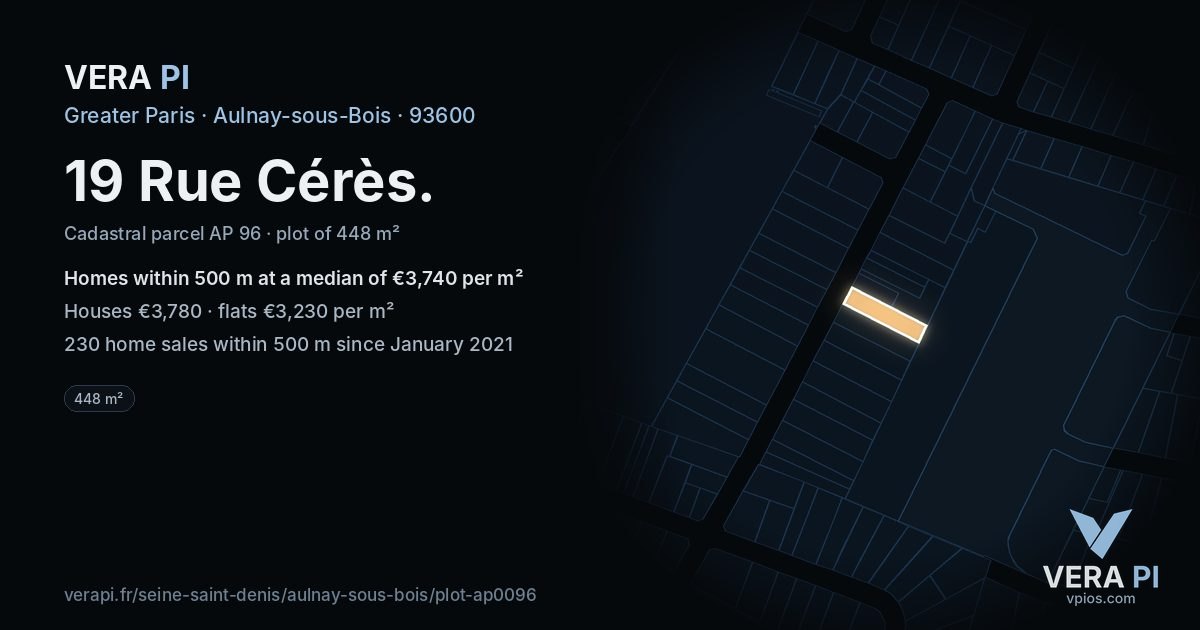 19 Rue Cérès, Aulnay-sous-Bois at night – the plot lit, the parcels around coloured by the prices near them